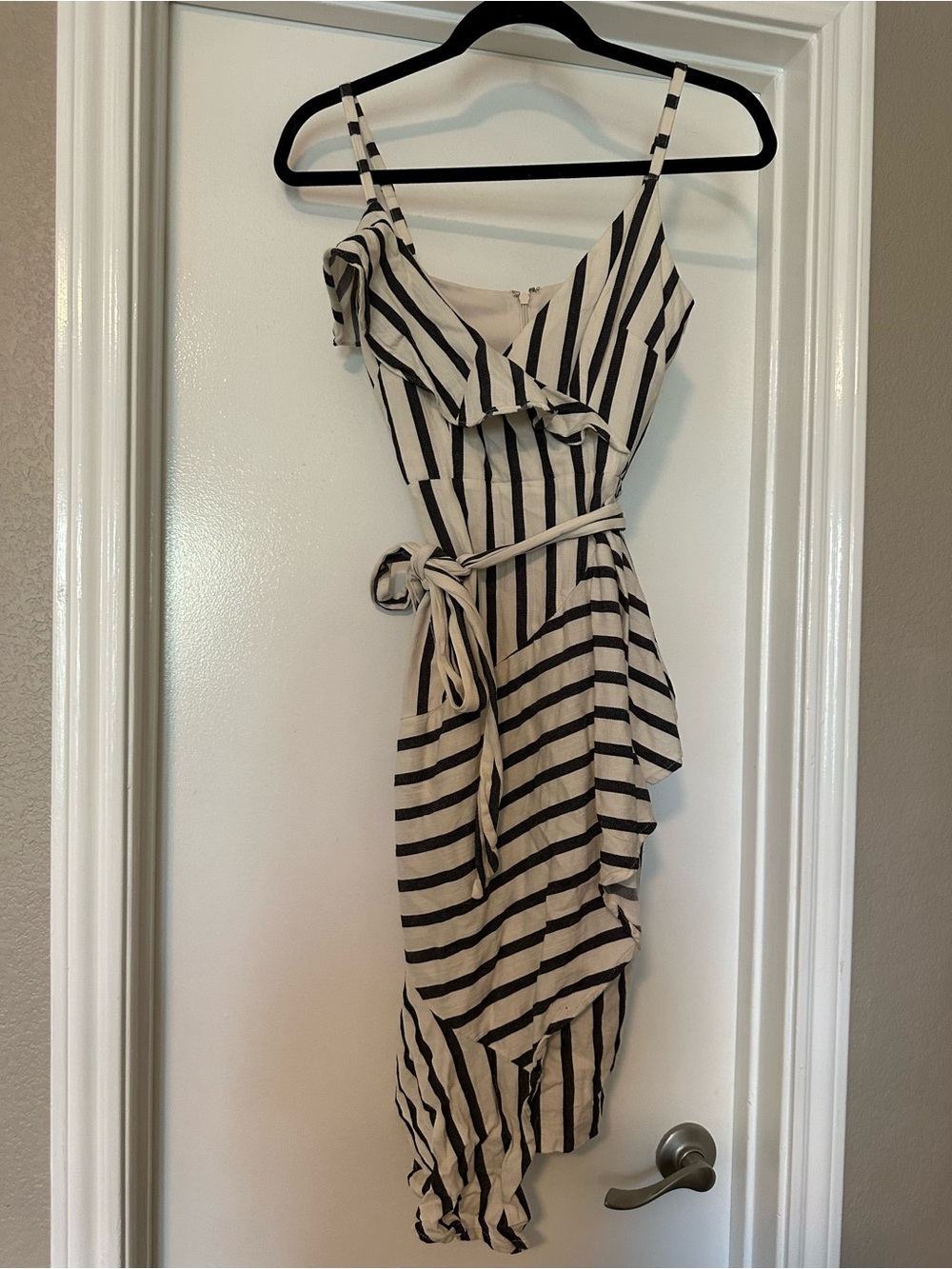 Chelsea28 Cream and Black Striped Asymmetrical Ruffle Dress